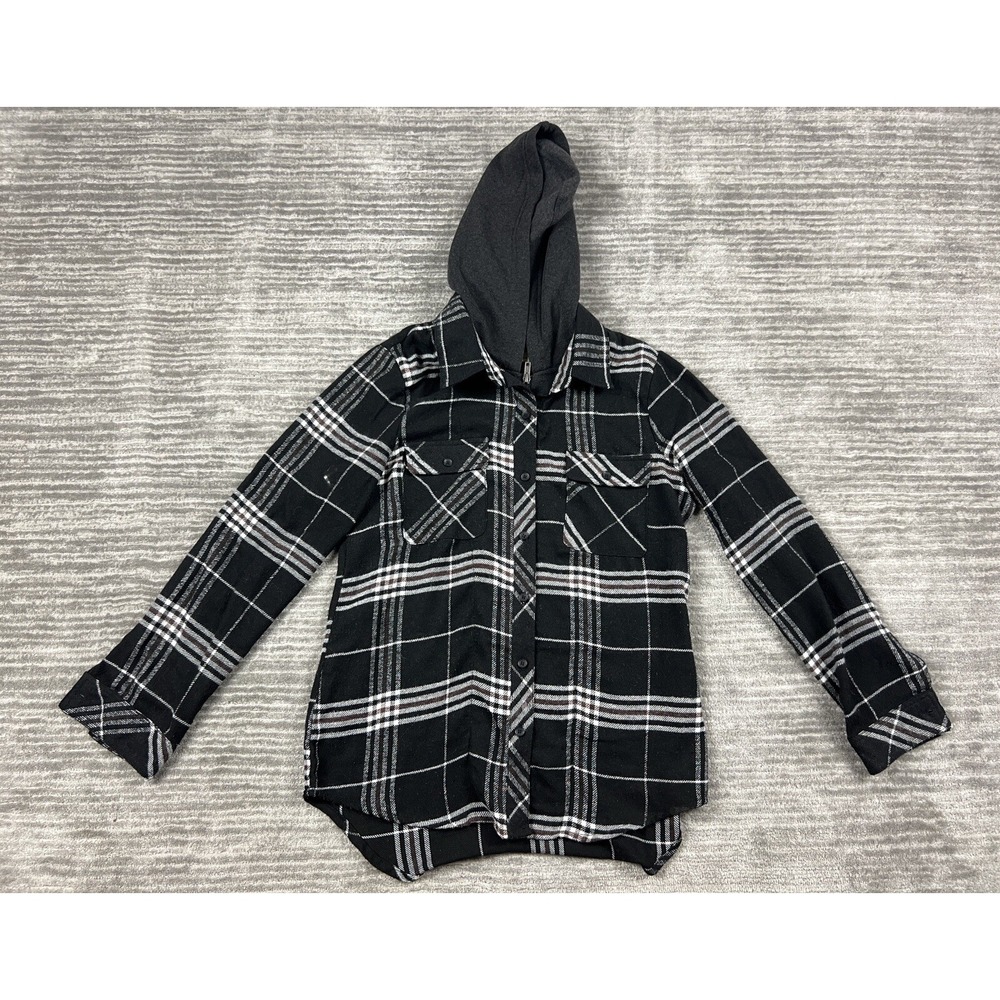 Ci Sono Hooded Shirt Women Large Black Plaid PTP48 Flannel Button Down Shacket